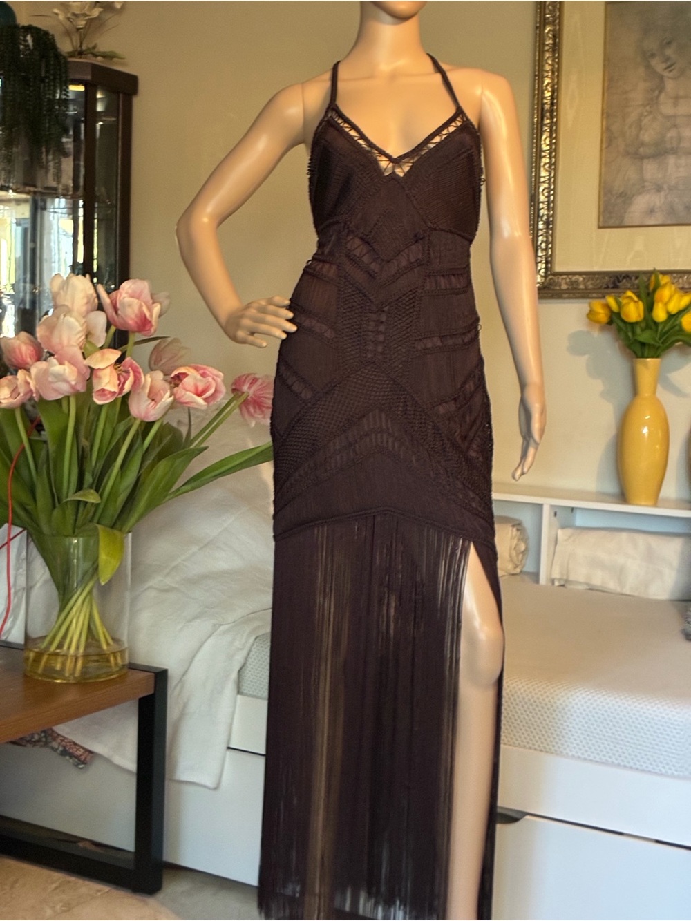Boho Chic brown Guipure Lace Cami Dress with Long Fringe Hem